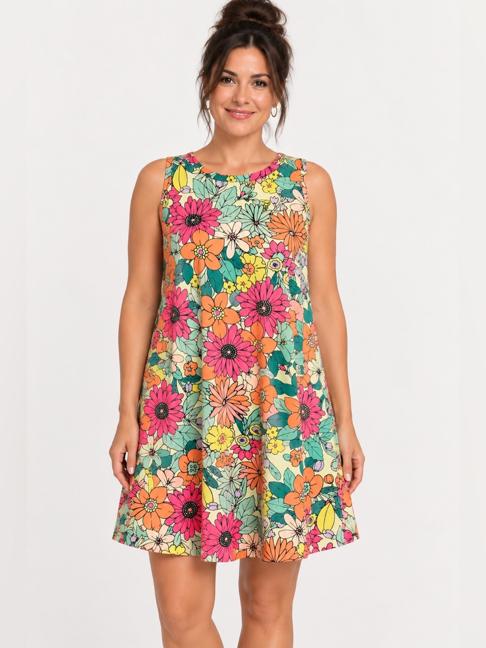 BOMBOM Floral A-Line Swing Dress Sleeveless Multicolor Made in USA Size Small